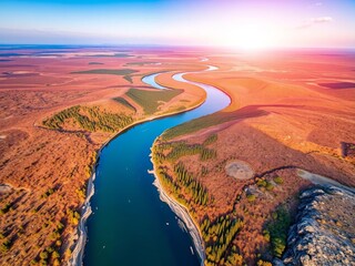 Aerial view of a winding river through a vast, untouched wilderness,  vast,  geography