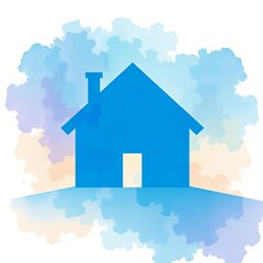 An abstract depiction of a blue house silhouette against a textured, watercolor background, evoking creativity, abstract,  unique