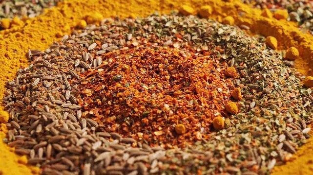 Close up arrangement of colorful spices in circular pattern