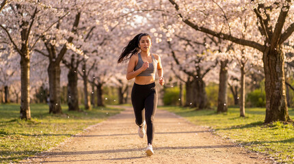 Young hispanic woman jogging on a gravel path under falling cherry blossoms during spring