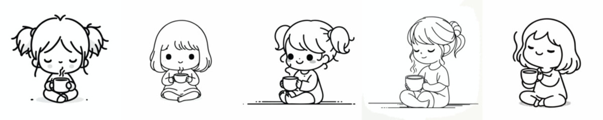 Obraz premium vector of a little girl sitting on floor relaxed enjoying coffee