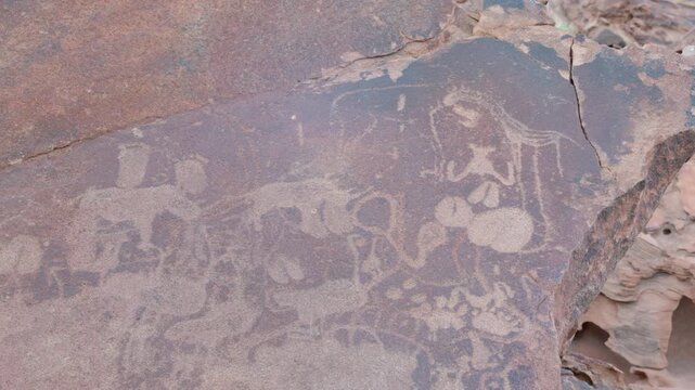 a zoom in clip on african rock art of various animals and symbols including two rhinos at twyfelfontein in namibia, africa