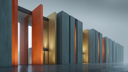 A monumental architectural design showcases strong vertical concrete walls paired with vibrant metallic accents contrasting tones Clear professional