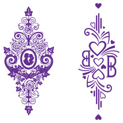 Ornate Purple Floral and Heart Monogram Designs for Wedding Invitations or Decorative Art