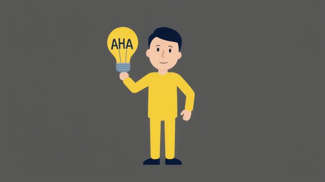 Cartoon character idea yellow 2D man holding glowing AHA lightbulb innovation inspiration creative thinking solution animation.