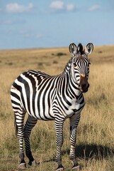 Obraz premium A majestic zebra stands tall in its natural savanna habitat under a clear blue