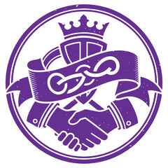 Purple Handshake Logo with Crown and Scrolls Symbolizing Unity and Agreement