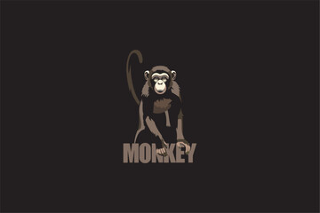 Stylized monkey illustration standing with tail raised, modern flat vector design with bold shapes and dark tones, suitable for logo, mascot, wildlife, animal theme, isolated on black background.