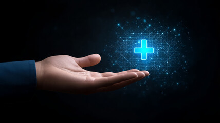 Hand glowing plus icon digital futuristic healthcare technology hope