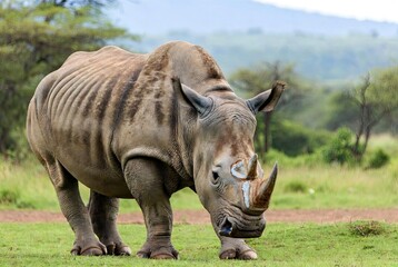Obraz premium Large rhinoceros with a unique marked horn standing in a lush green African
