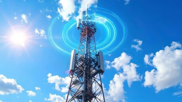 Cell Tower Transmitting Signals in a Bright Blue Sky with Clouds.