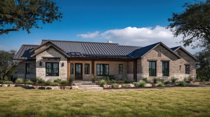 A ranch style residence with long horizontal roofline brick siding and wide windows Crisp daylight exposure reveals sharp