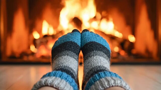 Feet in cozy striped socks relaxing by a roaring fireplace, creating a warm, comfortable indoor scene