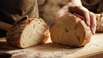 Close up of freshly baked artisan bread being sliced with a serrated knife on wooden surface