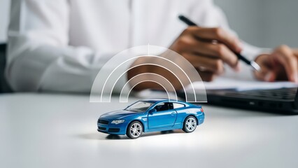 Car insurance, vehicle protection concept. protect blue toy car under a glass dome in concept car care, insurance, automobile for financial security, 8k Resolution