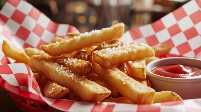 Close up of golden french fries with red sauce in a checkered basket