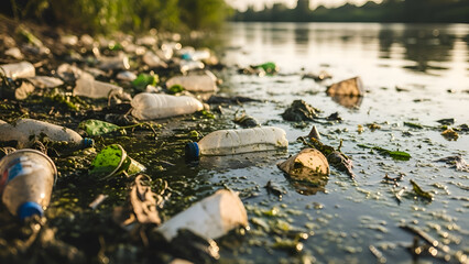 Water pollution plastic waste floating in river showing environmental damage contamination ecosystem crisis urban nature impact sustainability awareness conservation concept