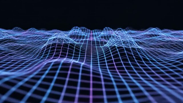 A glowing blue and purple grid pattern dynamically shifts and pulses in a resonant wave motion creating a futuristic abstract background design, shifts, technology