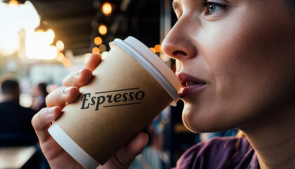 A young woman drinks a hot, fresh espresso from a to-go cup.
