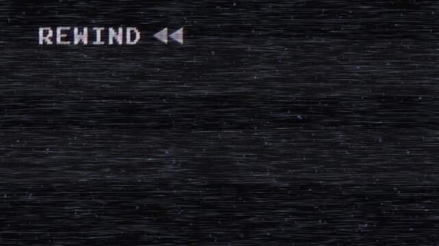 Rewind sign, arrows marks, VHS noise texture. Static noise, glitch effect. Rewind screen with horizontal lines on a black background ideal for retrothemed projects like videos.