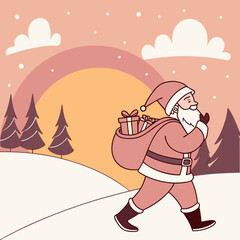 a cheerful santa claus walking with a large gift bag against a muted sunset and winter landscape backdrop