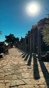 Ruins of the ancient Roman port city of Siedra in Alanya, Antalya, Turkey. The street and ruins of the ancient abandoned ancient city of Siedra on the Mediterranean coast. 4К