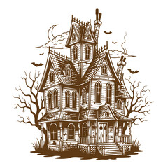 Fototapeta premium Vintage A spooky old haunted house with a large tree and bats flying around it on a cloudy night old mansion with a tower and a porch