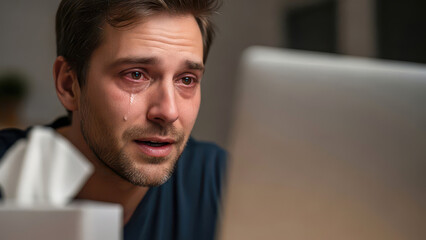 Crying Caucasian Man at Laptop Screen Showing Sadness and Grief