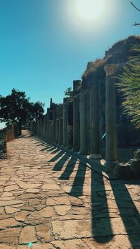 Ruins of the ancient Roman port city of Siedra in Alanya, Antalya, Turkey. The street and ruins of the ancient abandoned ancient city of Siedra on the Mediterranean coast. 4К
