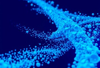 A vibrant abstract composition featuring numerous blue shapes or particles forming a dynamic, flowing, continuous stream,  imagination,  multitude