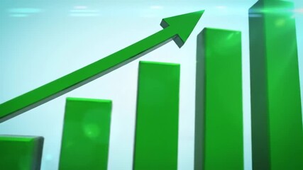 A 3D green bar chart with an upward trend arrow on a blue background - Powered by Adobe