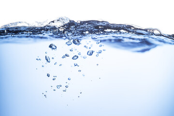 Splashing Water Wave. Air Bubbles Float Up in water. Pure Drinking Water, Oxygen Relaxation. Blue Water Textured on White Background.