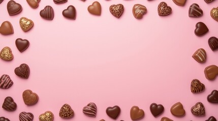 Heart-shaped chocolates on pink background