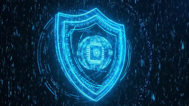 Cybersecurity concept with digital shield structure and matrix rain background protecting network.