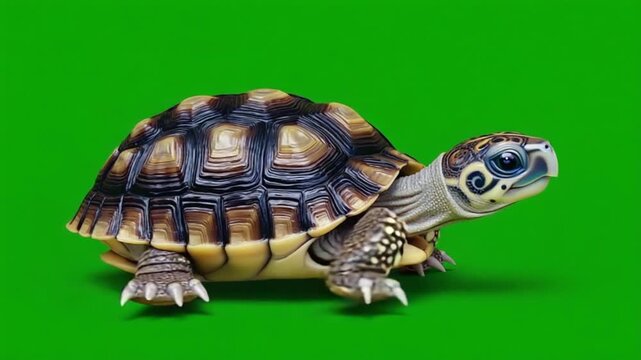 Adorable tortoise walking on green screen with vibrant shell