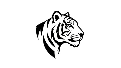 Sleek black and white graphic illustration capturing the intense profile of a powerful tiger head