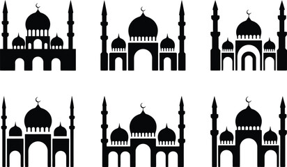Collection of Black Mosque Silhouettes with Minarets and Domes