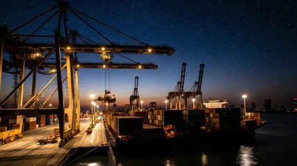 A nighttime view of a harbor with several cranes and shipping containers along the dock. - Powered by Adobe
