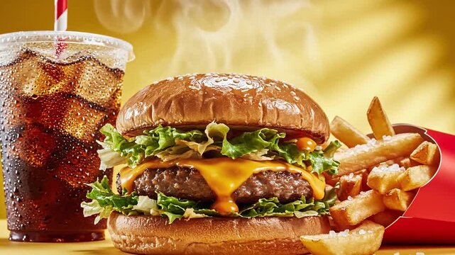 Delicious hamburger with fries and beverage on yellow background