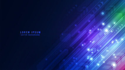 Abstract high-tech background with diagonal speed lines, geometric arrows, and glowing circuit dots