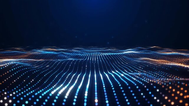 Abstract digital wave pattern of glowing particles in dark blue background image photo