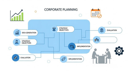 Corporate planning process with strategic objectives and implementation steps