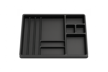 Black plastic drawer organizer tray with compartments