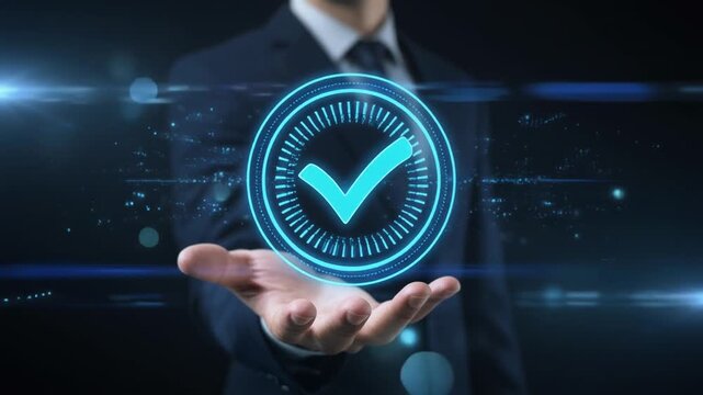 Businessman holding glowing checkmark symbol in hand with digital network background approval success