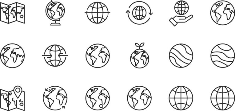 Outline Vector Icon Set Featuring Global Maps Earth Globes Planetary Data and Environmental World Icons for International Design