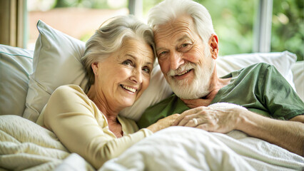 Elderly couple smiling and cuddling in bed, enjoying a warm and loving moment together