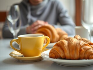 Enjoying a morning breakfast with coffee and croissant
