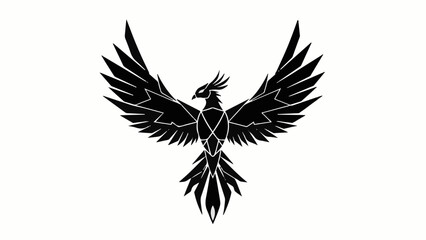 Fototapeta premium Majestic black phoenix with outstretched wings against a clean white background, symbolizing rebirth and power.