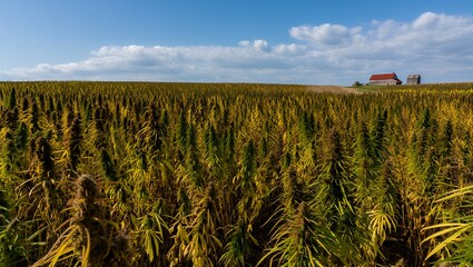 Expansive golden-green hemp field under a clear blue sky, showcasing the natural beauty and agricultural potential of this sustainable crop during peak harvest season