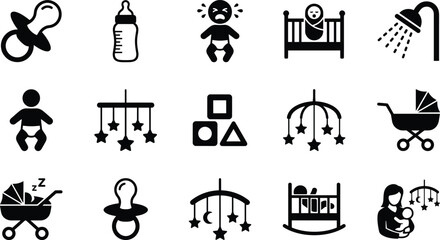 Baby care icon set, infant parenting nursery symbols, newborn hygiene sleep toys feeding flat black vector collection